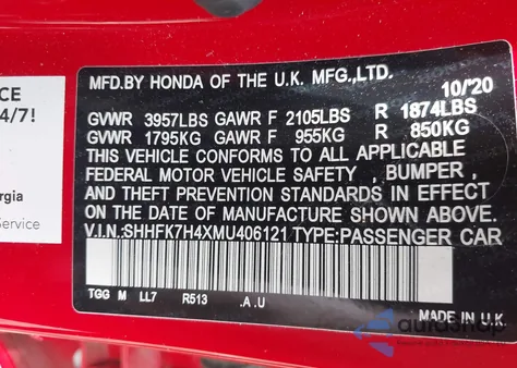 2021 Honda Civic Sport z USA, uszkodzony, nr VIN SHHFK7H4XMU406121